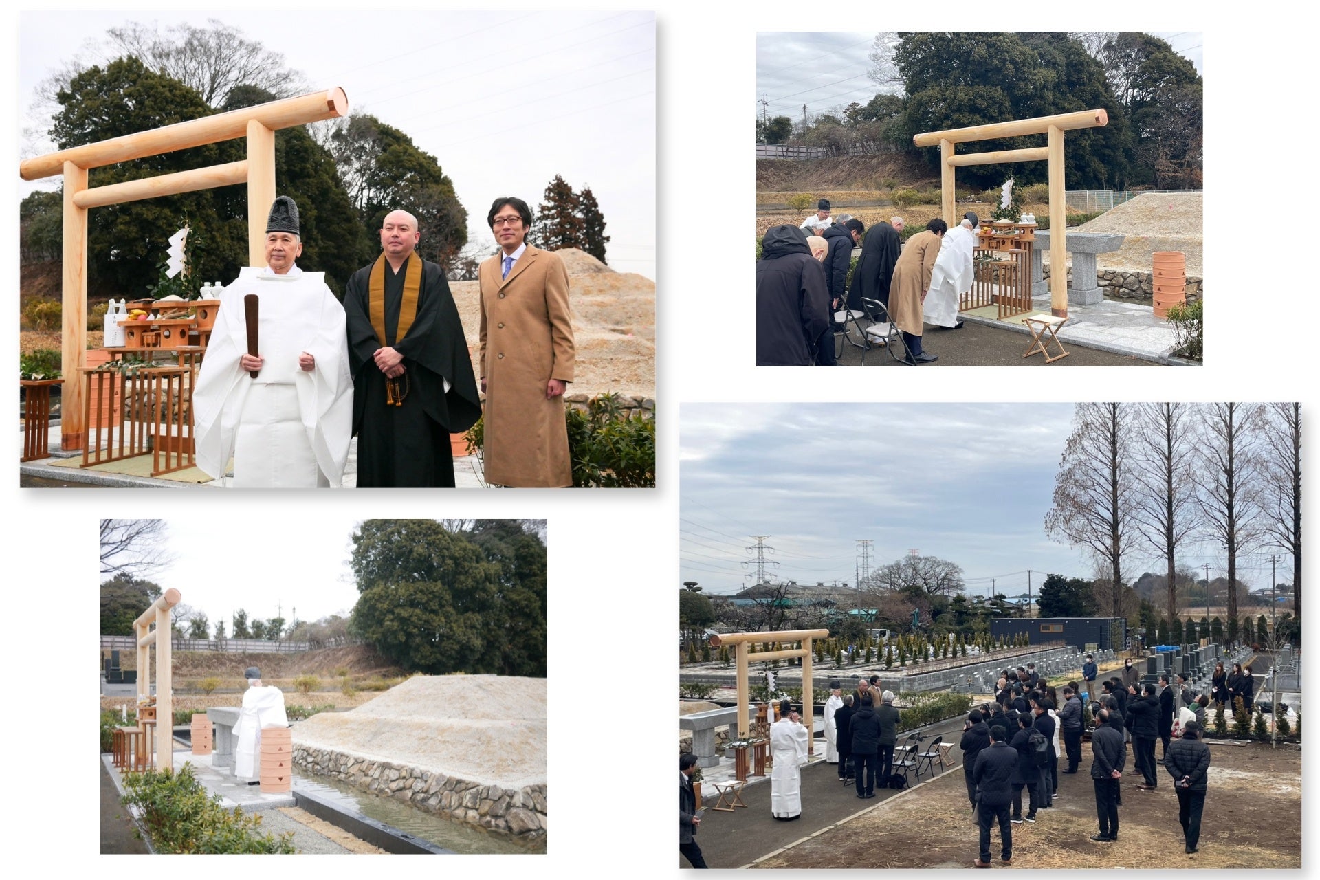 野田ほたる竣工祭。左上の記念写真に髙梨富弥宮司、梅村昌寛住職、竹田恒泰